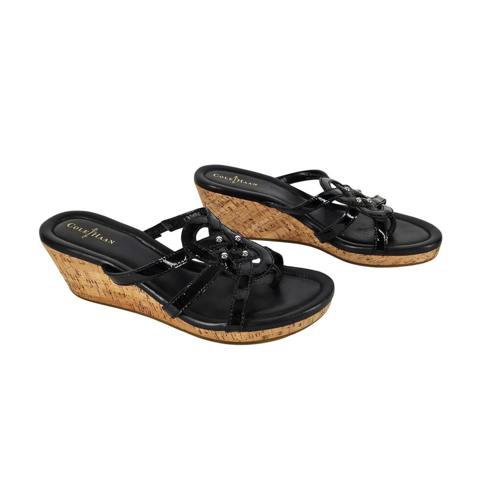 COLE HAAN WOMEN'S BLACK LEATHER THONG STRAPPY PLATFORM SANDALS SIZE 7B